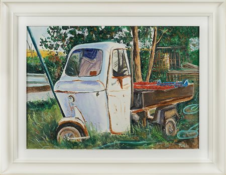 Fontana Michele Palermo 1965 51x71 cm. "Motocarro", olio su tela, firmato in...