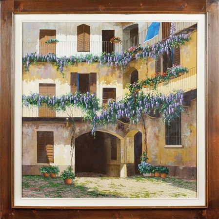 Matteo Laganà Milano 1946 90x90 cm. "Cortile con il glicine", olio su tela,...