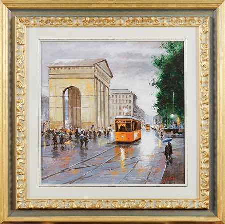 Matteo Laganà Milano 1946 40x40 cm. "Tram in Piazza XXIV maggio", olio su...