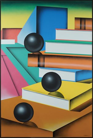 Vincenzo Maugeri Catania 1961 150x100 cm. "Biglie e libri", acrilico su tela,...