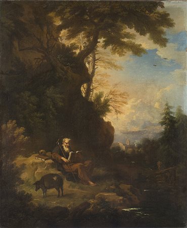 Scuola genovese del secolo XVIII "Sant'Antonio Eremita con paese sullo...