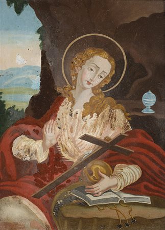 Arte del sec. XVIII "Maddalena" verre peint (cm 35x26) In cornice coeva...