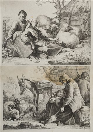 "Contadine con armenti" coppia di incisioni (cm 28x35) In cornici (difetti)...