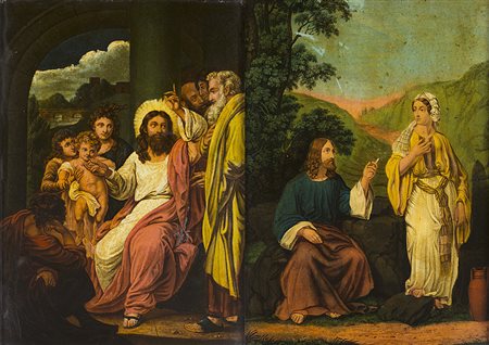 Coppia di fixÈs su vetro raffiguranti scene religiose (cm 31x22) In cornici...