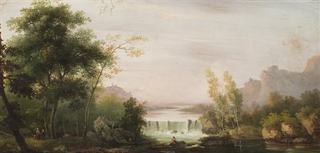 Scuola della fine del secolo XIX "Paesaggio fluviale con pescatori e figure"...