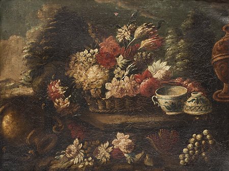 Ignoto "Natura morta con fiori, ceramiche e vaso in bronzo" olio su tela (cm...