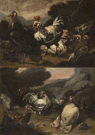 Scuola lombarda del secolo XVII "Animali da cortile" coppia di dipinti ad...