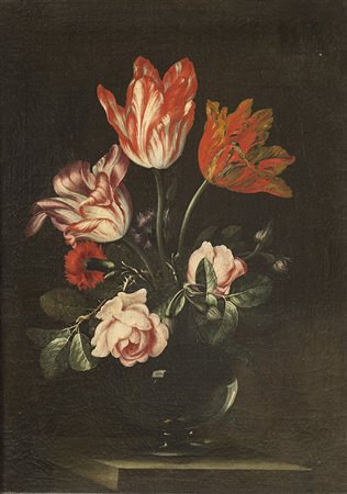 Scuola romana della fine del secolo XVIII "Natura morta con rose e tulipani"...