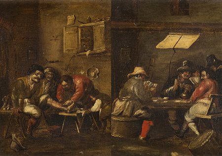 Ignoto "Scene d'osteria con giocatori e cerusico" coppia di dipinti ad olio...