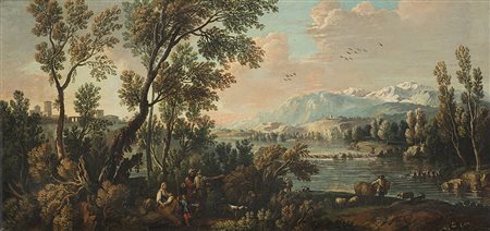 Maestro dell'Italia centrale del secolo XVIII "Paesaggio fluviale con figure...