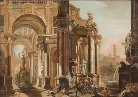Scuola del secolo XVIII "Architetture classiche con figure" e "Androne di...