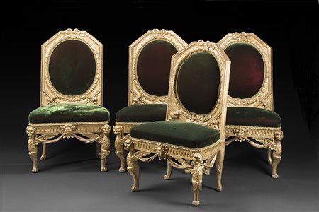 Gruppo di quattro eclettiche sedie da parata in legno intagliato e dorato....