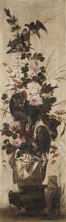 (Attr.) elemento decorativo rappresentante vaso di fiori con civetta e...