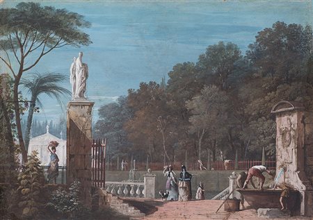 (Attr.) "Dame e contadini in un parco con villa palladiana" tempera su carta...
