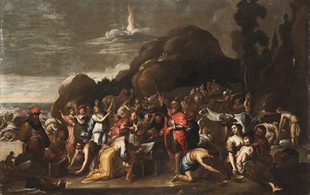 (Attr.) "Le prove di MosË" olio su tela (cm 69x109) In cornice (difetti)...