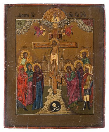 Arte russa sec. XIX, icona ad olio su tavola raffigurante la Crocifissione...