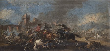 Scuola del secolo XVIII "Battaglia di cavalleria nei pressi di un ponte" olio...