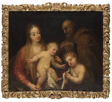 Maestro del secolo XVII "Sacra Famiglia con San Giovannino" olio su tela (cm...