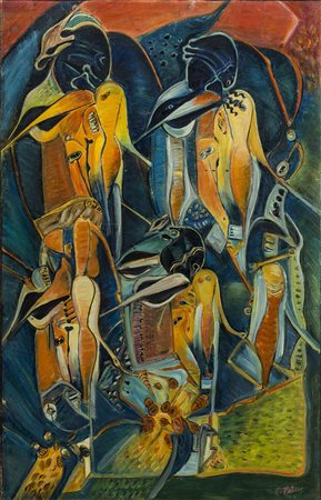 PETROS PAPAVASSILIOU (1928) Extraterresti, 1995 Olio su tela cm 71x45 Firma...