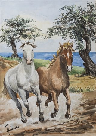 ANTONELLO ZECCA (1944) Cavalli Salentini Acquerello su tavola cm 70x50 Firma...