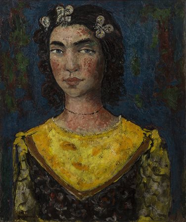 GIANNI BRUSAMOLINO (1928) Figura in costume, 1955 Olio su tela di juta cm...