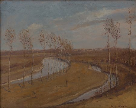 LUIGI ZAGO (1894-1952) Risveglio della natura Olio su tavola cm 44x55,5 Firma...