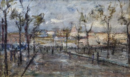 SERGIO SCATIZZI (1918-2009) Panorama&hellip;, 1946 Olio su tavola cm...