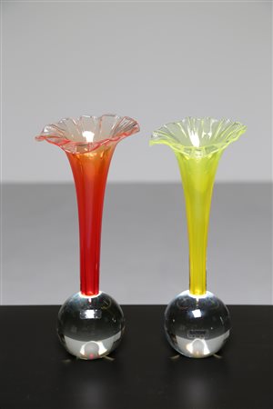 BARBINI ALFREDO (1912 - 2007) Coppia di porta fiore in cristallo e vetro di...