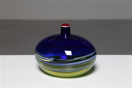 CENEDESE GINO Vaso a bottiglia in vetro a incalmo giallo e blu, anni 70....