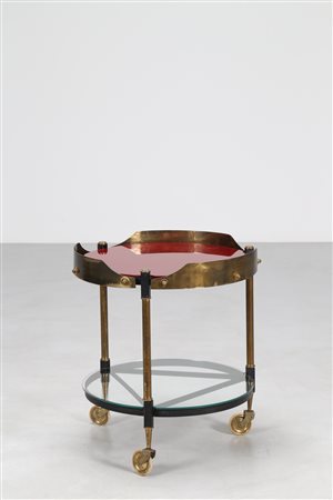 MANIFATTURA ITALIANA Carrello tondo in ottone, metallo e vetro. -. Cm 66,00 x...