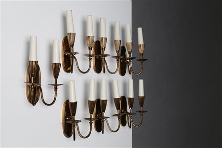 MANIFATTURA ITALIANA Sette appliques in ottone e legno laccato, anni 40. . Cm...