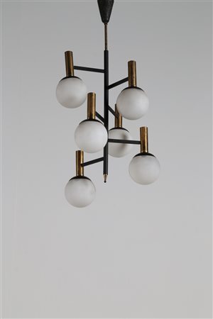 STILNOVO Lampadario sei luci in metallo laccato, ottone e vetro satinato,...