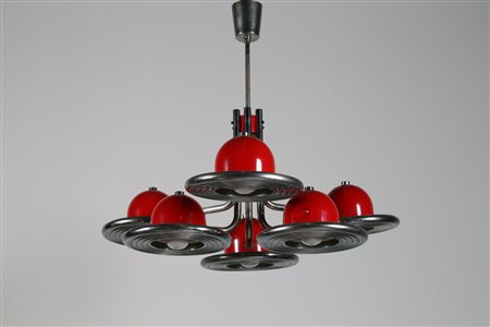VALENTI Lampadario in metallo cromato e laccato rosso, anni 70 . -. Cm 84,00...