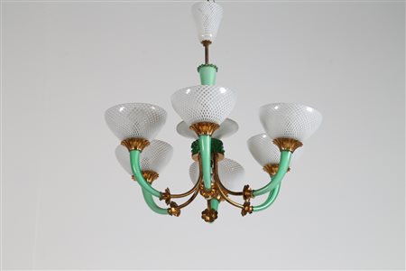 MANIFATTURA MURANESE Lampadario in vetro reticello verde bianco e ottone,...