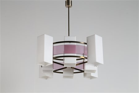 STILUX - MILANO Lampadario in ottone nichelato e perpex, anni 50. -. Cm 73,00...