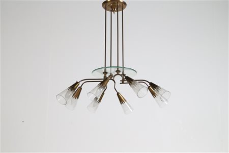 MANIFATTURA ITALIANA Lampadario otto luci in ottone vetro, anni 50. -. Cm...