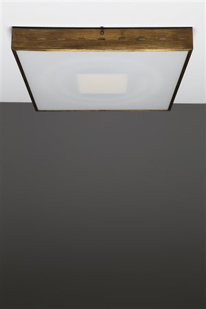 STILNOVO Attrib. Plafoniera in ottone e vetro, anni 60°. -. Cm 49,00 x 7,00 x...