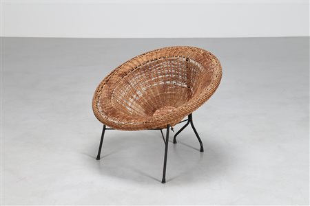 MANIFATTURA ITALIANA Poltroncina in tondino di ferro e rattan, mod. cesta,...