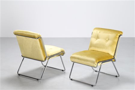 MANIFATTURA ITALIANA Coppia di poltroncine in metallo cromato e velluto, anni...