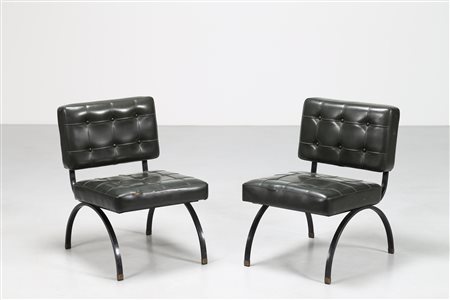 MANIFATTURA ITALIANA Coppia poltrone metallo laccato skai e ottone, anni 60°....