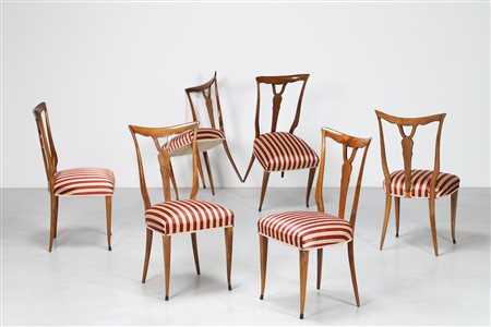 MANIFATTURA ITALIANA Sei sedie in noce con sedute in stoffa a righe anni 40°....