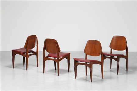 FRATELLI PROSERPIO Quattro sedie in teak intagliato e sky, anni 50. -. Cm...