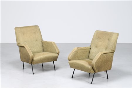 MANIFATTURA ITALIANA Coppia di poltrone in tessuto verde e metallo laccato,...