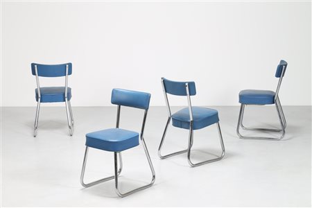 MANIFATTURA ITALIANA Quattro sedie in acciaio tubolare cromato e skai, anni...