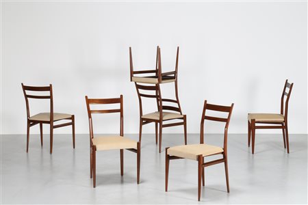 MOSCATELLI GIULIO Sei sedie Legno di noce e tessuto, Per Consorzio...