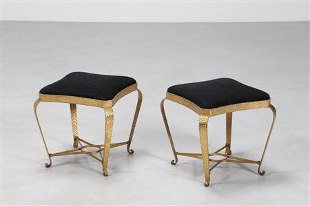 COLLI PIER LUIGI (1895 - 1968) Coppia sgabelli in metallo dorato e tessuto,...