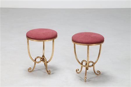 BANCI GIOVANNI Coppia sgabelli in metallo dorato e tessuto, anni 70. -. Cm...