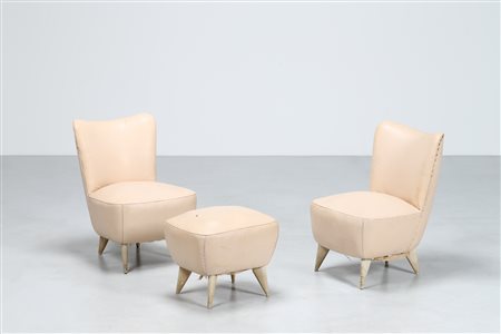 VERONESI GUGLIELMO Coppia di poltroncine e un pouf in sky bianco e legno,...