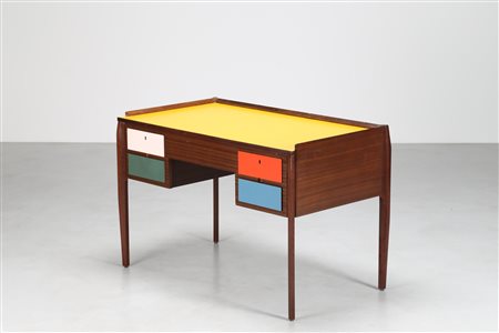 PONTI GIO' (1891 - 1979) Attrib. Scrivania in mogano e formica colorata, anni...