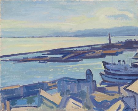 FRANCESCO MENZIO (1899-1979) Porto di Genova 1947olio su tela cm 40x50firmato...